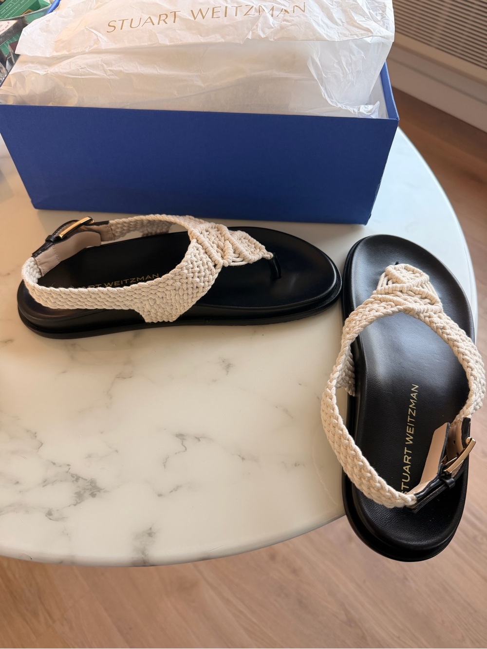 Stuart Weitzman Delaney Thong Braided Cream Black Sandals